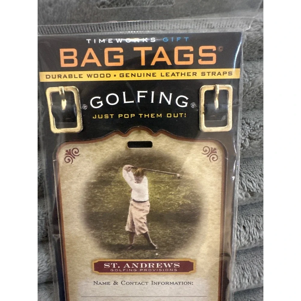 Timeworks Gift Bag Tags Golfing Durable Wood Genuine Leather Straps St‎ Andrews